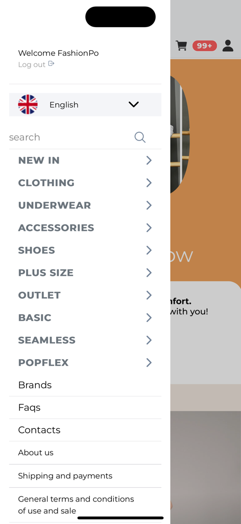 FashionPo - Menu di navigazione laterale dell'app FashionPo che mostra categorie come abbigliamento, scarpe e taglie forti per acquirenti all'ingrosso