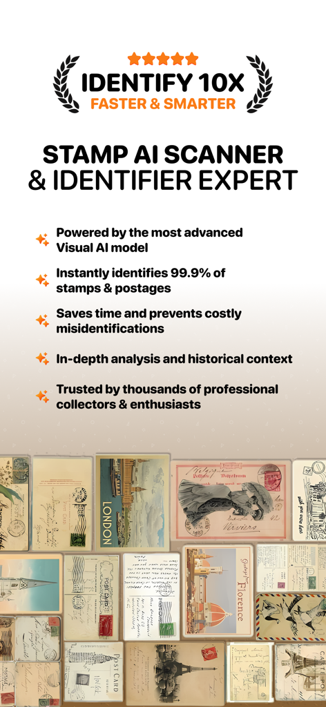 Stamp Identifier - Scan Value - Fonctionnalités de l'application Identifiant de Timbre mettant en avant la technologie de scanner IA et une collection de timbres vintage