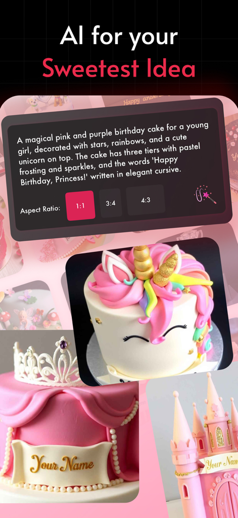 AI CakeMaker - Name on Cake - AI CakeMaker app interface showing a text prompt for a unicorn cake and examples of generated personalized cakes