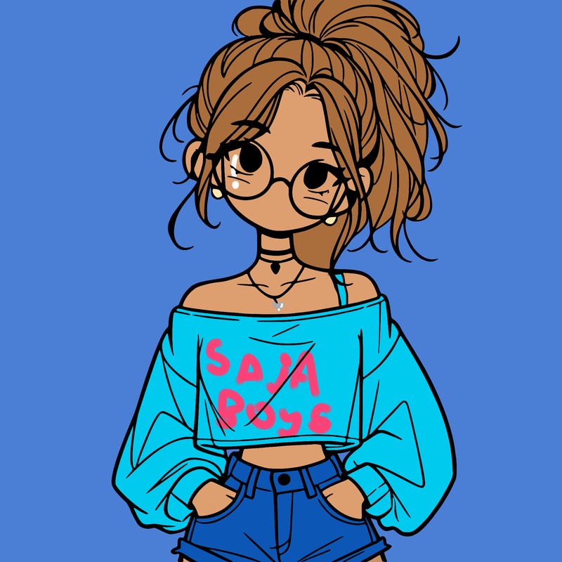 girl with a messy ponytail glasses a baggy crop top and jean shorts