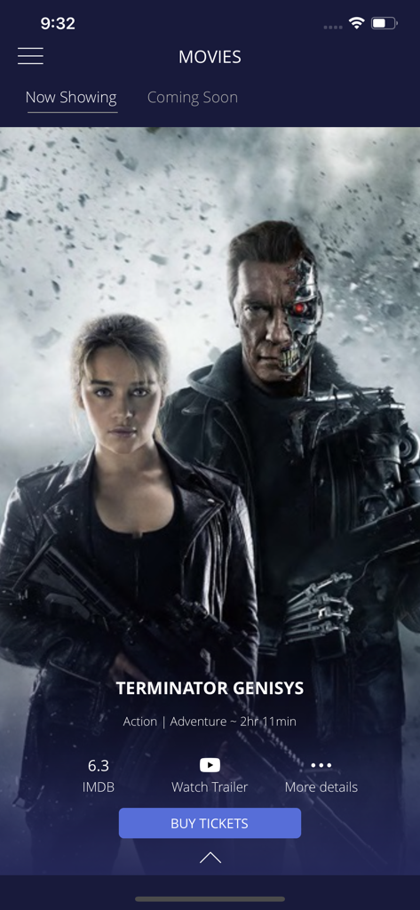 Interfaccia dell'app mobile Scope Cinemas che mostra i dettagli del film Terminator Genisys e un pulsante Acquista biglietti.