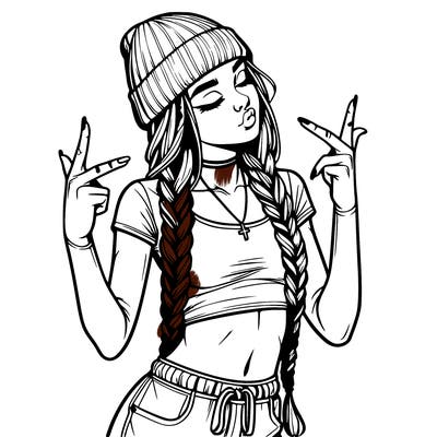 realistic teenage girl with braids and a beanie and crop top doing 🫶🏼
