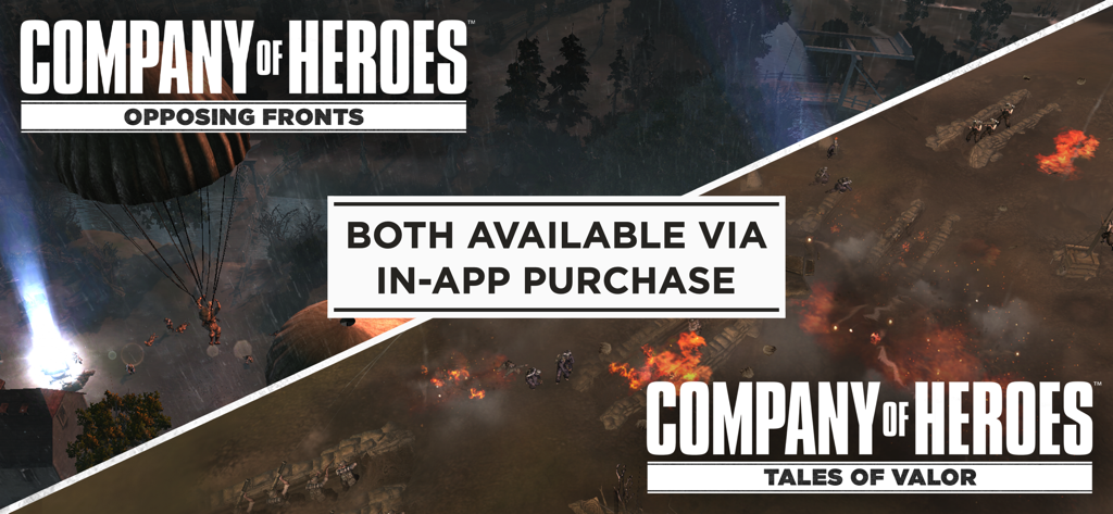 Company of Heroes - Promotional banner for Company of Heroes Opposing Fronts and Tales of Valor expansion packs available as in-app purchases