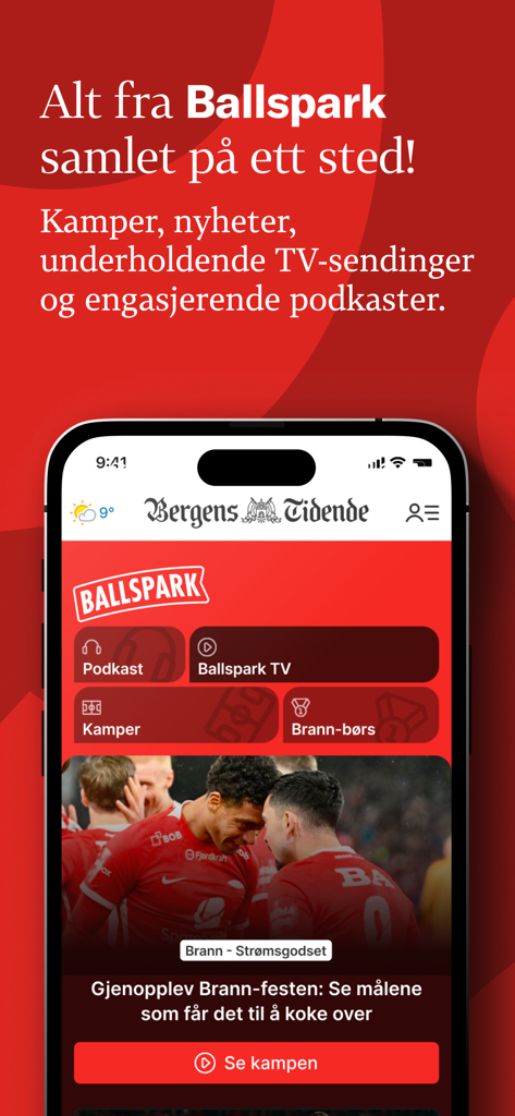 Bergens Tidende - Bergens Tidende mobile app showing the Ballspark section with SK Brann football news and videos