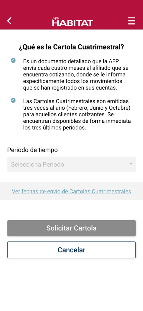 Pantalla de la aplicación móvil AFP Habitat Chile que explica y permite a los usuarios solicitar una cartola de pensión de cuatro meses.