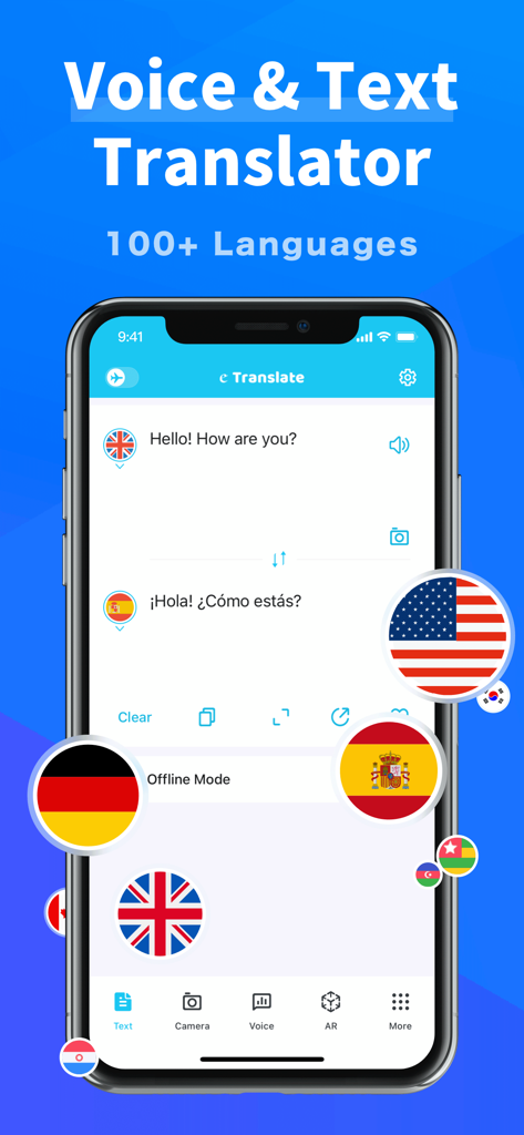 Realtime Translate-Translator - 異なる言語のフラグアイコン付きで、英語からスペイン語へのテキスト翻訳を示すiPhone上のリアルタイム翻訳アプリインターフェース