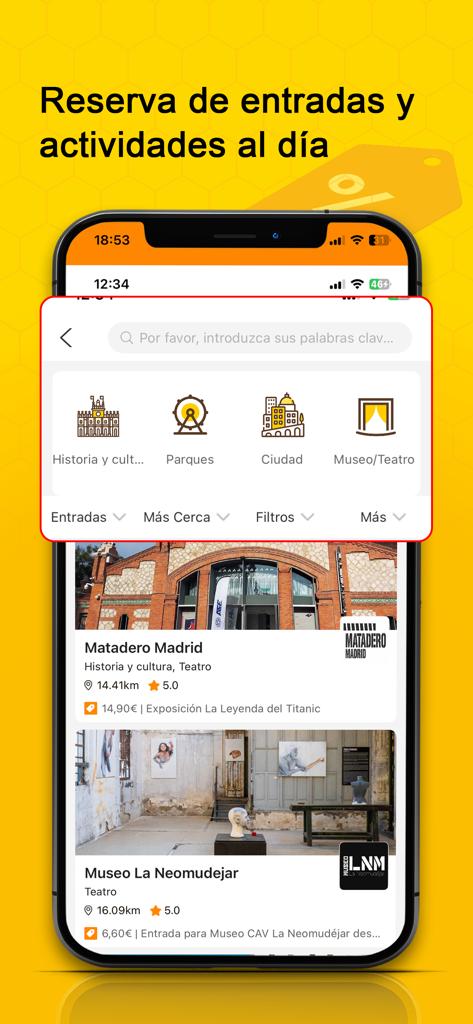 MiBee - MiBee mobile app screen showing options to book tickets for museums theaters and daily city activities