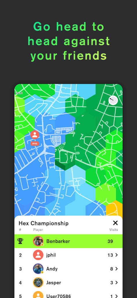 Stride: Fun Fitness Motivation - Ein mobiler Bildschirm, der eine hexagonale Gebietskarte und eine lokale Spieler-Rangliste mit dem Titel 'Hex Championship' zeigt.