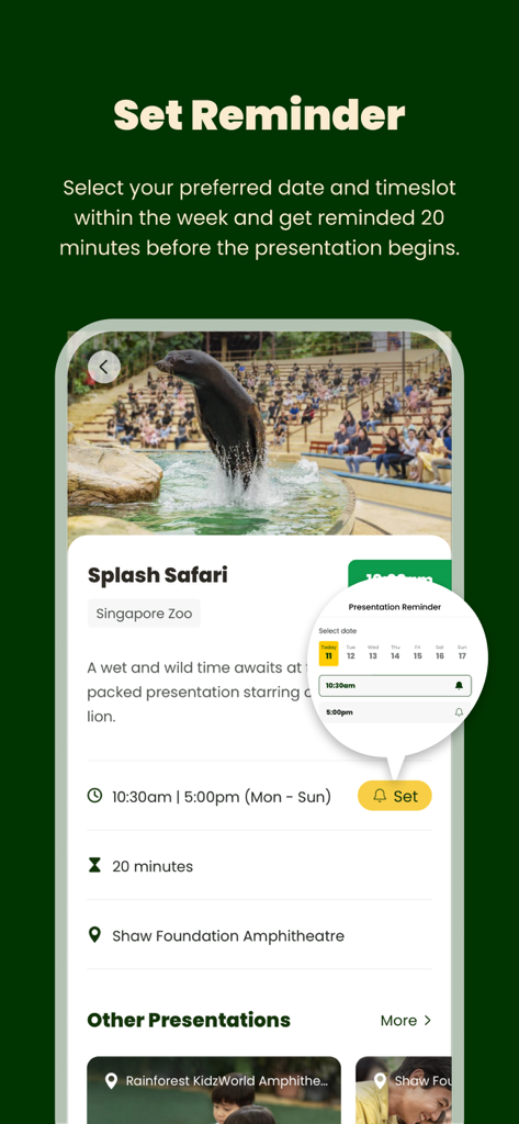 Mandai Wildlife Reserve app screen showing how to set reminders for animal presentations like Splash Safari