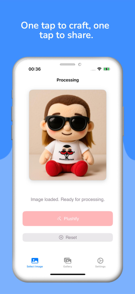 PlushMe – AI Doll Maker - Smartphone screen showing the PlushMe app interface with an AI-generated plush doll and a Plushify action button