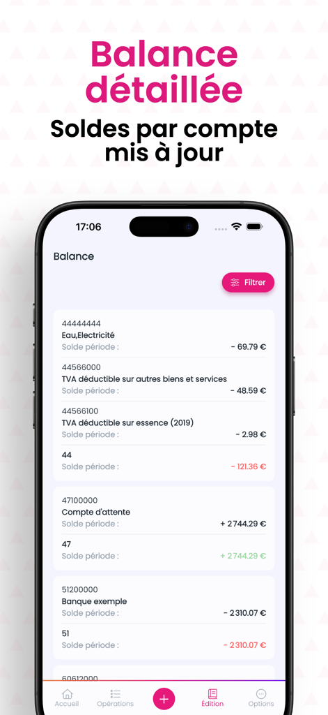 Écran de bilan comptable détaillé de l'application mobile macompta.fr montrant les soldes mis à jour pour les services publics et les taxes