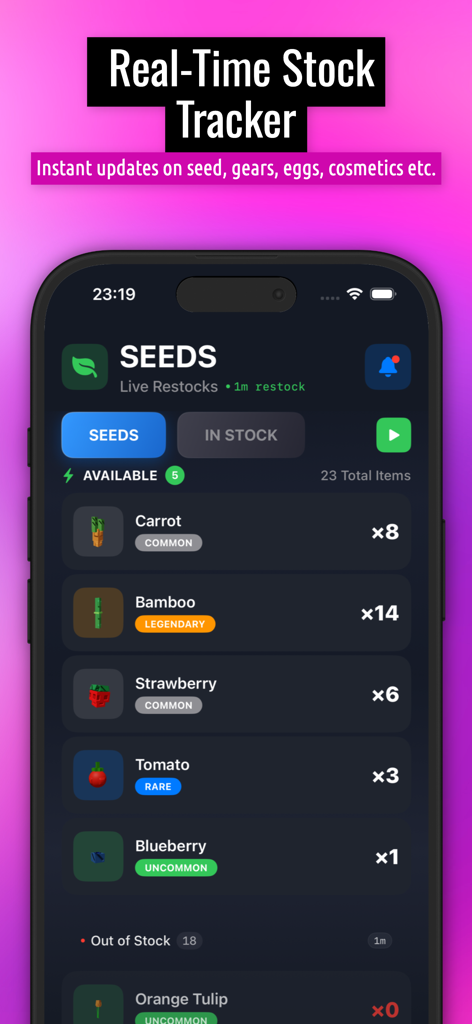 GAG Stocks - Screenshot of GAG Stocks app displaying live inventory and restock alerts for seeds in Grow A Garden