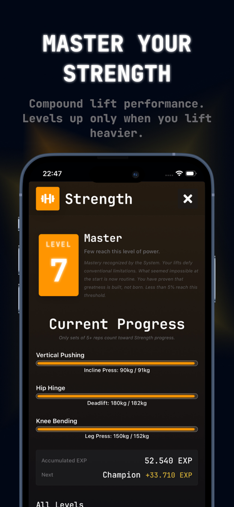 Ascend Gym Workout Tracker Log - Ascend workout tracker showing gamified strength stats with a Level 7 Master rank and progress bars for compound lifts like deadlift and leg press.