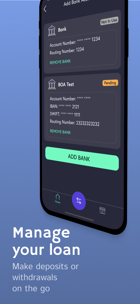 SALT Crypto Loans - SALT Crypto Loans app interface for managing bank accounts to facilitate loan deposits and withdrawals