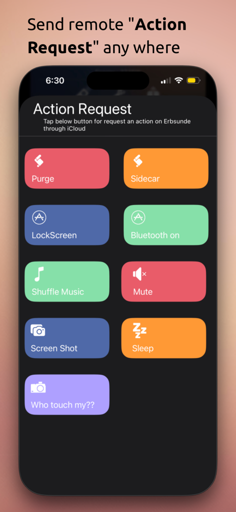 myAddress - Monitoring Tools - Interfaz de iPhone que muestra botones de solicitud de acción remota para la monitorización de Mac.