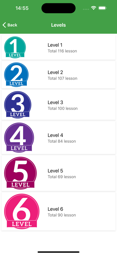 Learn English Listening - Una lista de seis niveles de escucha de inglés mostrando el número total de lecciones para cada etapa.