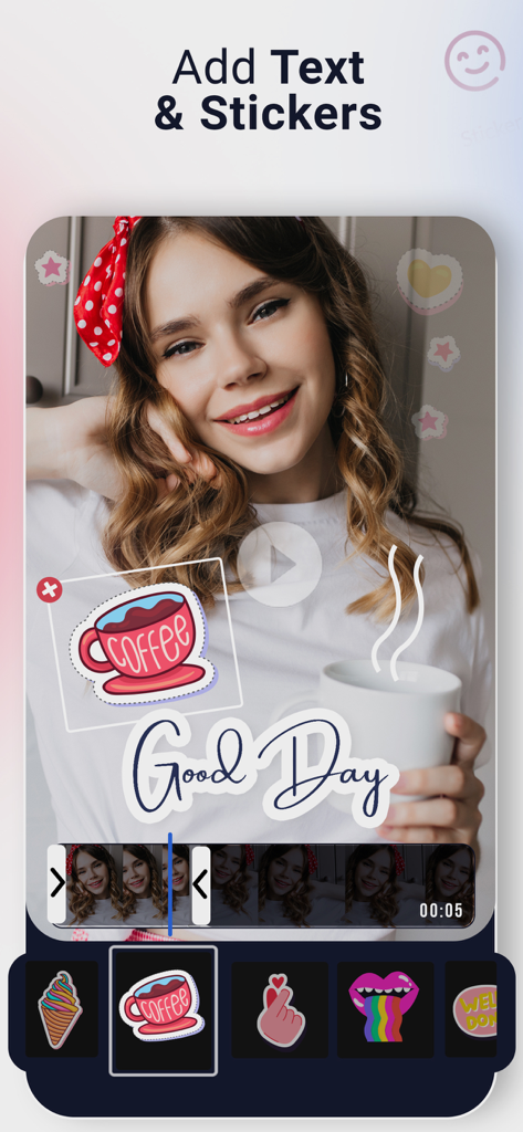 Video Music Add Background - Mobile app interface showing a video preview with a coffee sticker and Good Day text overlay.