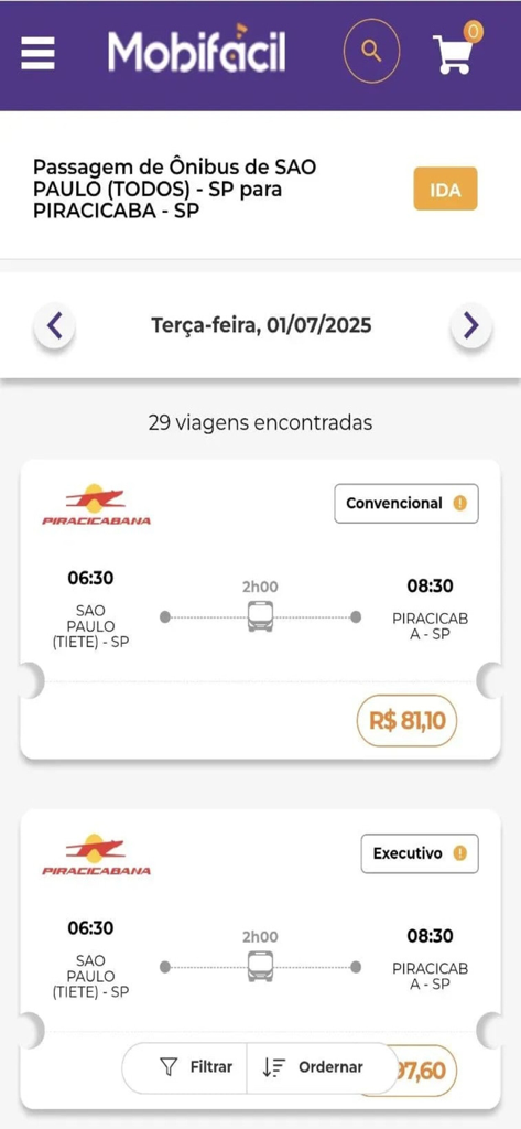 Mobifácil Oficial - Pantalla de la aplicación Mobifacil mostrando opciones de boletos de autobús y precios para viajar de Sao Paulo a Piracicaba