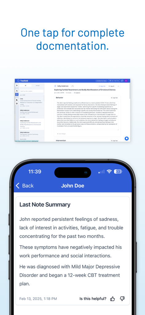 Twofold AI medical scribe app interface showing clinical note summaries on mobile and desktop