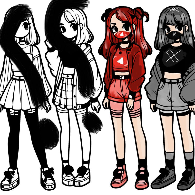 one girl with crop-top shirt and a jacket with a skirt, long socks and another girl with a shirt and pants with a jacket