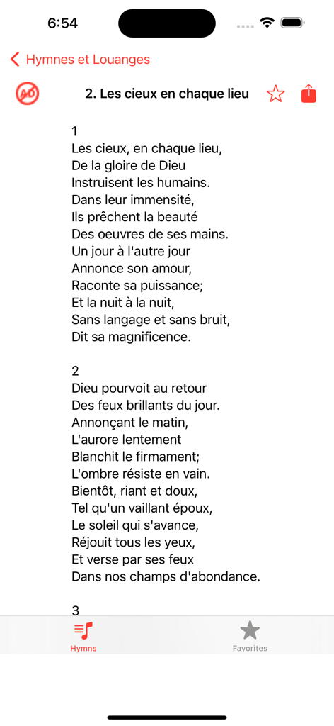 SDA Hymnal - Complete - Testi digitali di un inno francese visualizzati nell'app SDA Inno
