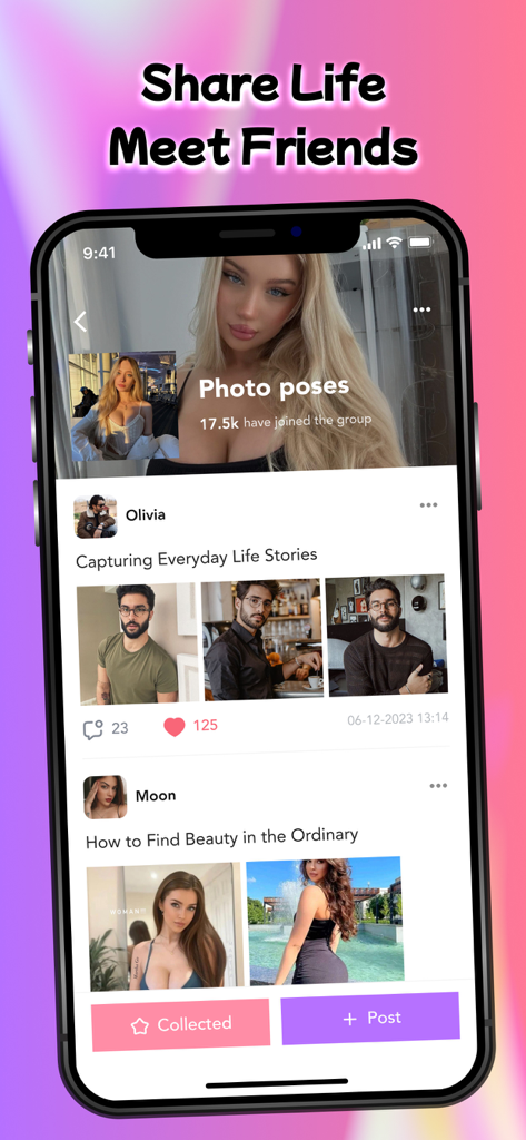 Interfaz de la aplicación Rave mostrando publicaciones de fotografía y un grupo de poses fotográficas en una pantalla de móvil