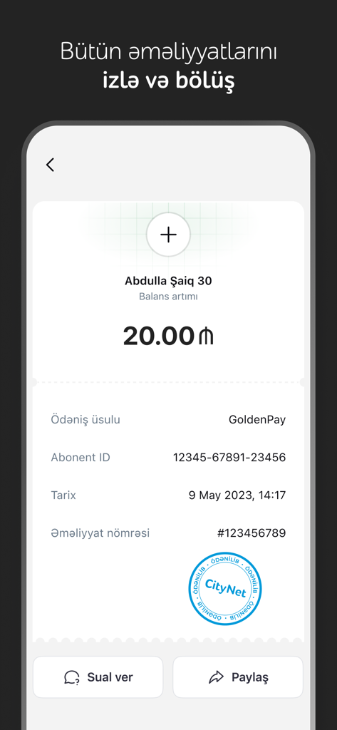 CityNet - Recibo digital de la aplicación CityNet que muestra una confirmación de pago de 20 AZN con botones para hacer una pregunta o compartir.
