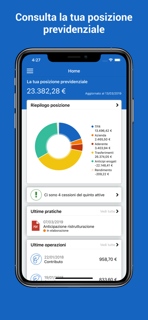 Fondo Cometa app home screen showing a pension balance, contribution breakdown donut chart, and recent transaction history.