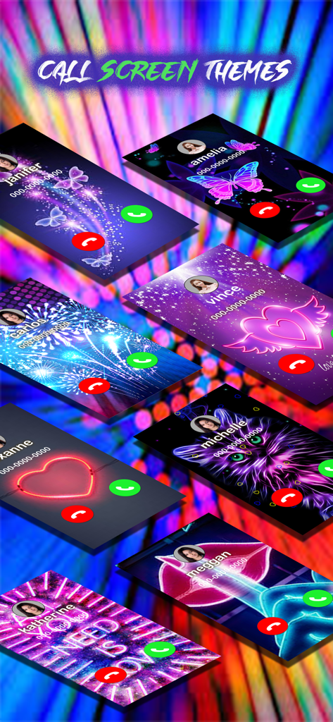 A variety of vibrant and neon call screen themes for incoming phone calls