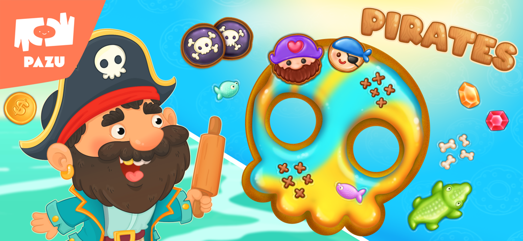 A cartoon pirate chef with a rolling pin next to a skull shaped donut decorated with pirate themed toppings