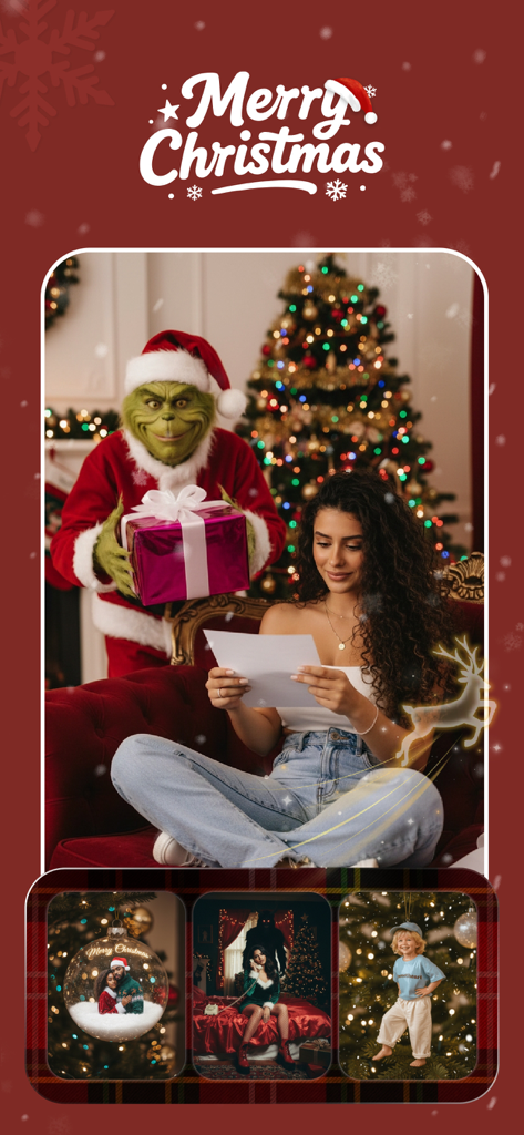 GoPhoto:AI Photo & Video Maker - AI-generated Christmas photo with a woman and the Grinch as Santa