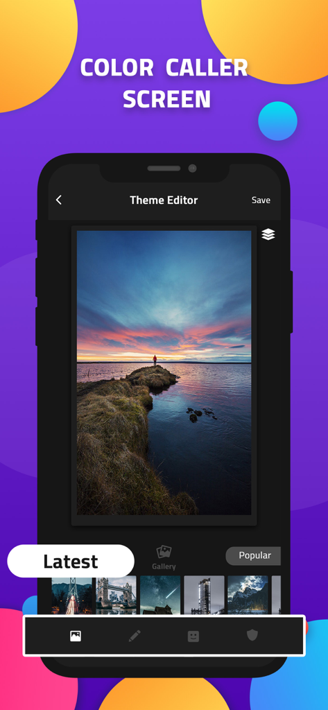 Interface of the Color Phone app showing a custom theme editor with a scenic sunset landscape wallpaper