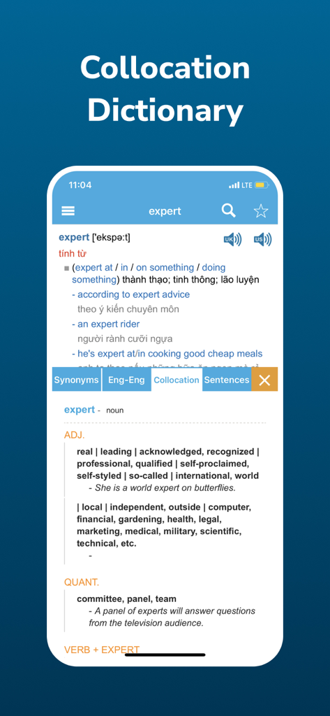 English Dictionary ProDict mobile interface showing the collocation dictionary feature for the word expert with Vietnamese translations and usage examples.