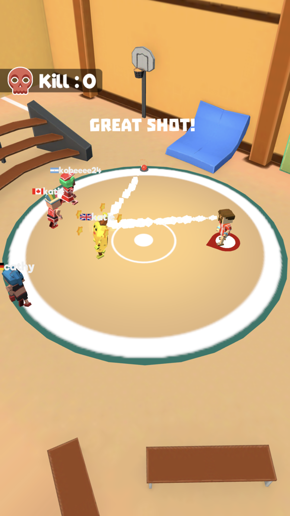 Dodgeball.io - A gameplay screenshot of Dodgeball.io showing a battle royale match in a circular arena with a Great Shot notification