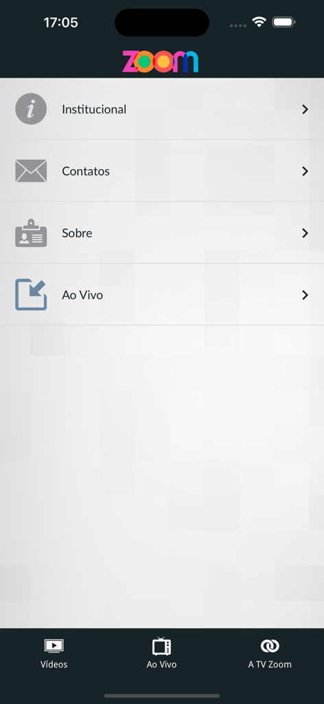 TV Zoom - 실시간 콘텐츠 및 기관 정보 옵션이 있는 TV Zoom 앱의 메인 탐색 메뉴