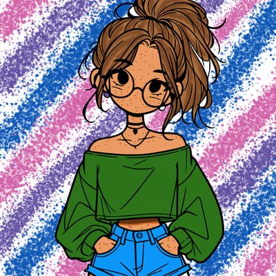 girl with a messy ponytail glasses a baggy crop top and jean shorts
