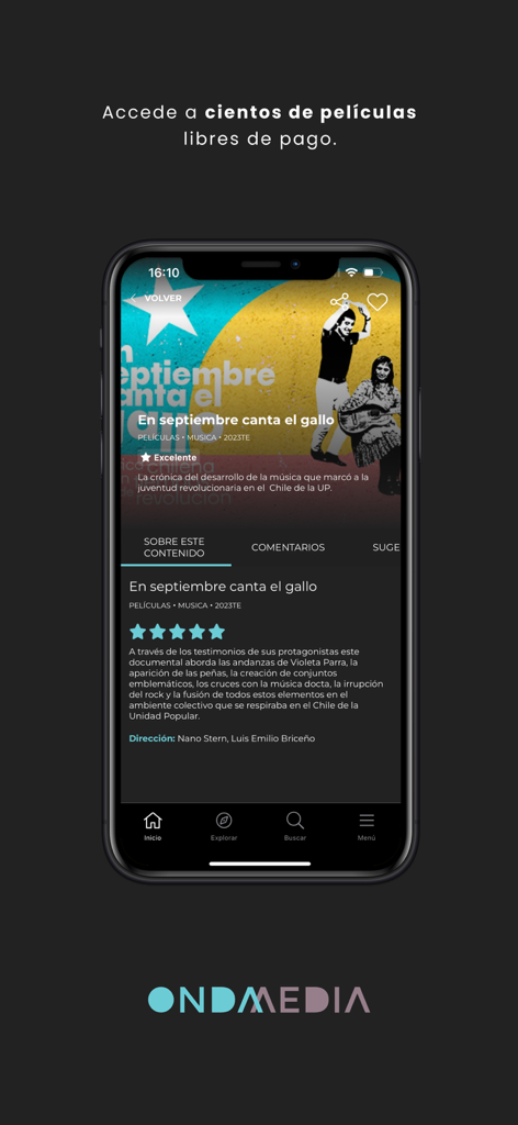 OndaMedia - OndaMedia mobile app interface showing a Chilean film description and free streaming message