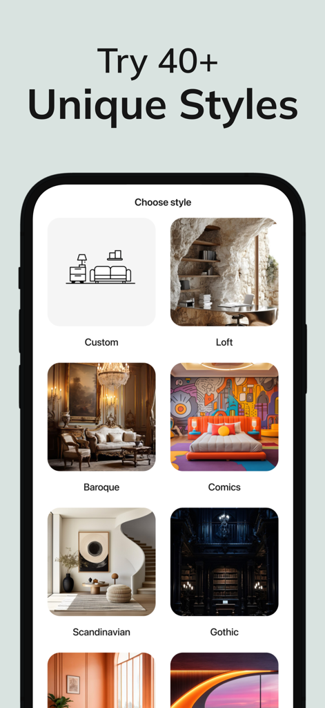 Menú de selección de estilos de diseño de interiores que muestra opciones Loft Barroco Escandinavo y Gótico