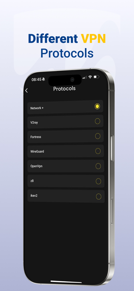 Mena VPN: UAE, KSA, Oman - Interfaz de la app Mena VPN mostrando una selección de diferentes protocolos VPN
