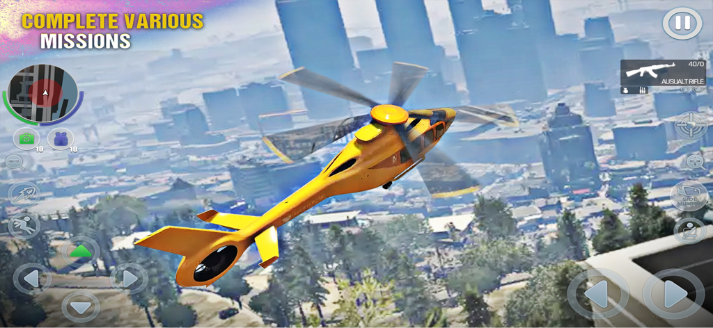 City Gangster Mafia Crime Game - Un helicóptero amarillo volando sobre una ciudad urbana en un juego de simulación de crimen de gángsters.