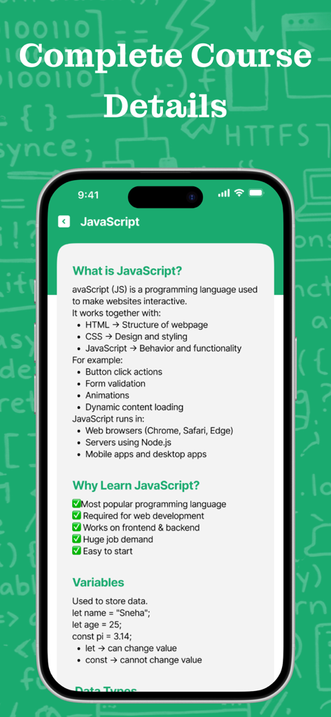 Una pantalla de aplicación móvil que muestra un curso de programación de JavaScript con secciones sobre definiciones, beneficios y ejemplos de variables.