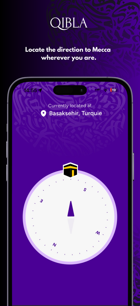 MAWAQIT app showing Qibla compass to locate the direction to Mecca