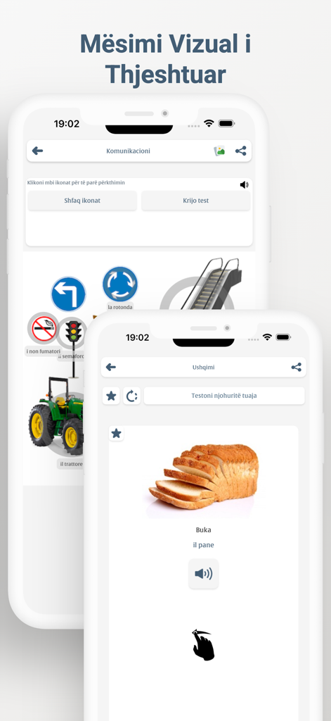 Screens of the Meso Italisht app showing visual vocabulary lessons for food and communication in Albanian and Italian