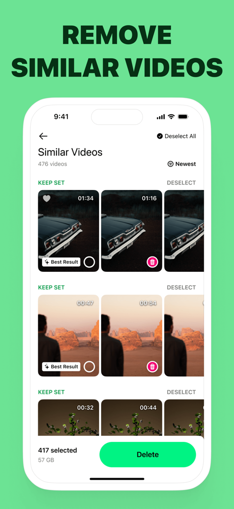 Ein Screenshot der Pro Cleaner App-Oberfläche, der die Funktion zum Entfernen ähnlicher Videos zur Freigabe von Speicherplatz anzeigt.