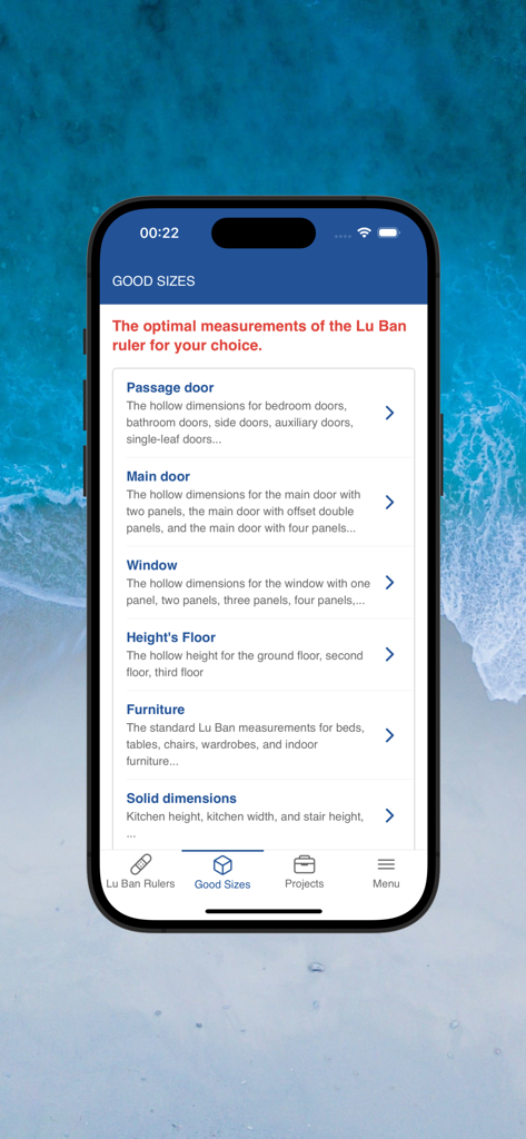Online Lu Ban Ruler app screen displaying recommended good sizes for doors windows and furniture