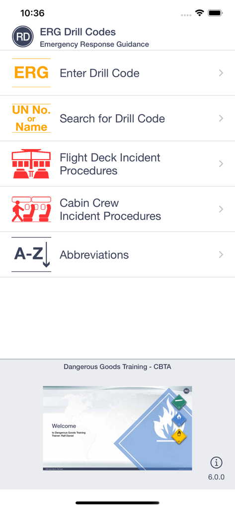 ERG Drill Codes - Main menu of the ERG Drill Codes app for aviation emergency response guidance