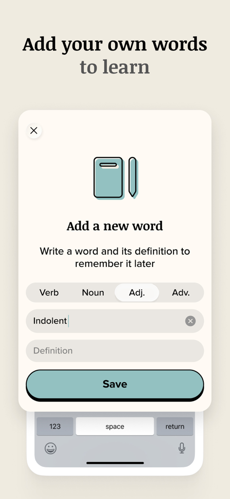 Interface de l'application Vocabulary montrant l'écran pour ajouter un nouveau mot personnalisé et sa définition