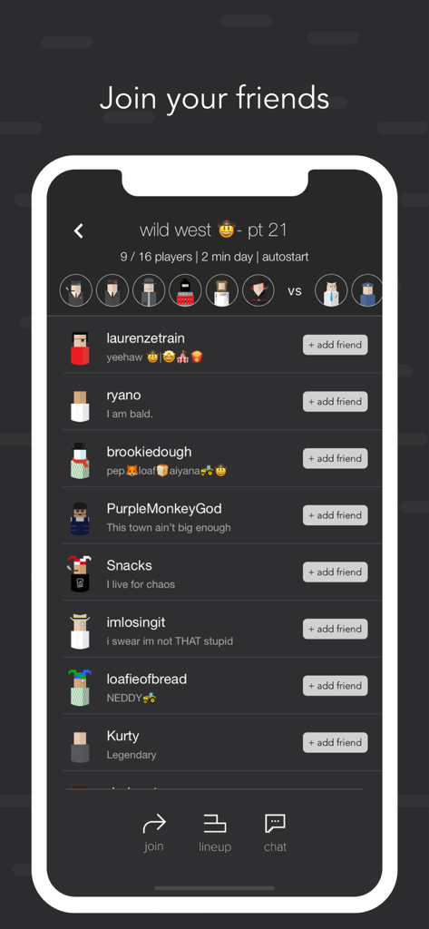 Mafia Mystery - A mobile screen showing the Mafia Mystery game lobby with a list of players and options to add friends