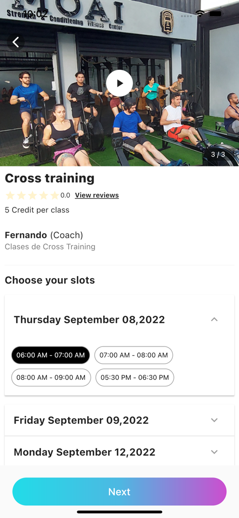 Pantalla de reserva de clases de cross-training de la app Fitpass DO con horarios disponibles y detalles del entrenador.