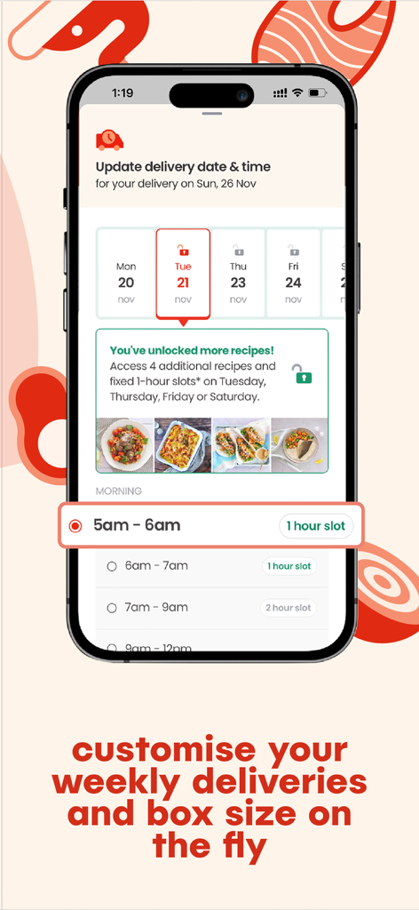 Hello Chef: Meal Kit & Recipes - Hello Chef app interface showing how to customize weekly delivery dates and select specific time slots for meal kit arrival